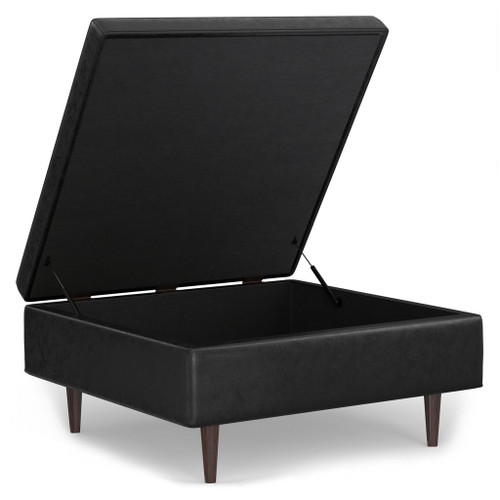 Shay - Mid Century Large Square Coffee Table Storage Ottoman - Distressed Black