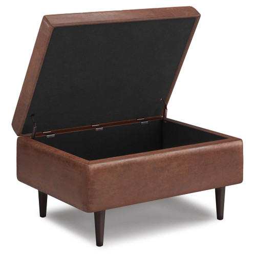 Shay - Mid Century Small Coffee Table Storage Ottoman - Distressed Saddle Brown