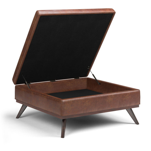 Owen - Extra Large Square Coffee Table Storage Ottoman - Distressed Saddle Brown