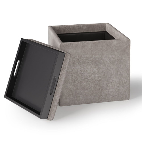 Rockwood - Cube Storage Ottoman With Tray - Distressed Gray Taupe