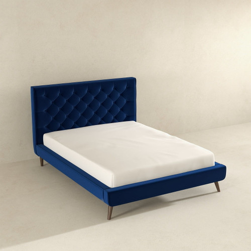 Dillon - Velvet Platform Bed Queen Size - Blue