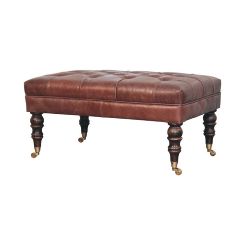 Buffalo - Brown Leather Ottoman With Castor Legs - Walnut
