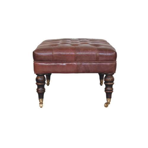 Buffalo - Brown Leather Ottoman With Castor Legs - Walnut