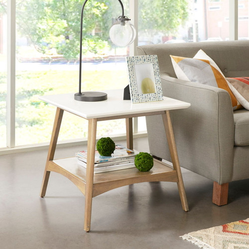Mid - Century End Table With Storage Shelf - Off White / Natural