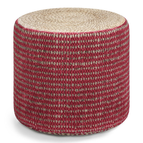 Larissa - Round Braided Pouf - Natural / Maroon