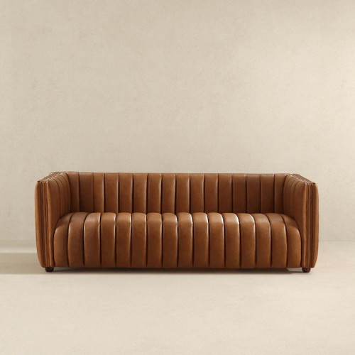 April - Mid-Century Modern Luxury Tight Back Leather Couch - Brown / Cognac / Rustic