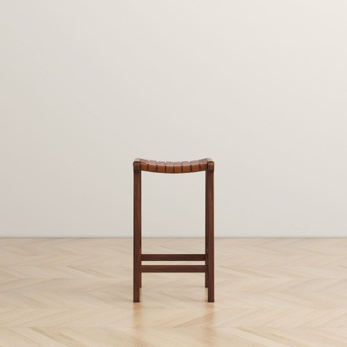James - Mid-Century Modern Genuine Leather Counter Stool - Brown / Rustic
