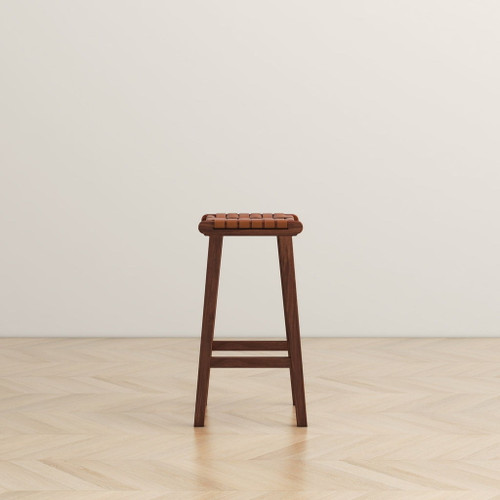 James - Mid-Century Modern Genuine Leather Counter Stool - Brown / Rustic