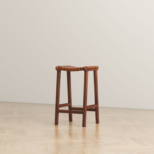 James - Mid-Century Modern Genuine Leather Counter Stool - Brown / Rustic