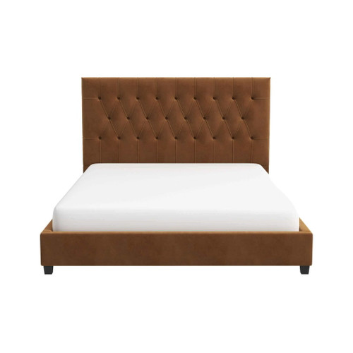 Donald - Mid-Century Modern Velvet Platform Bed King - Cognac