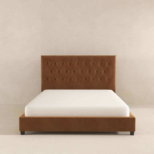 Donald - Mid-Century Modern Velvet Platform Bed King - Cognac