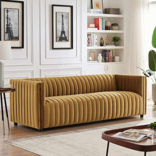 Dominic - Channel Tufted Velvet Sofa - Dark Yellow