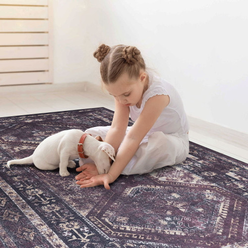 Maval - 2' X 3' Washable Area Rug - Black / Burgundy