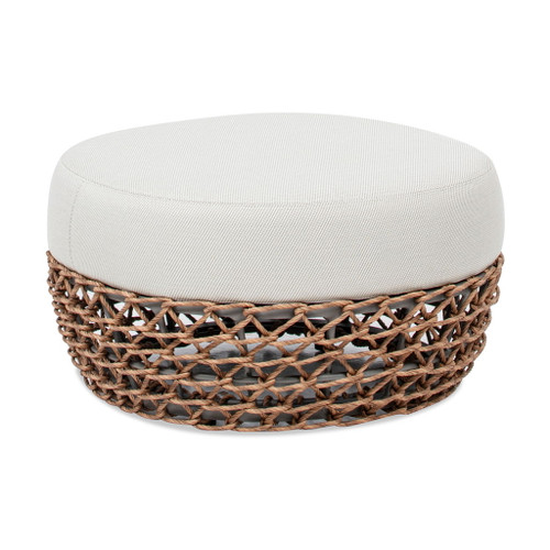 Willow - Round Upholstered Woven Patio Ottoman, Wicker Frame - Wheat Beige / Golden Brown