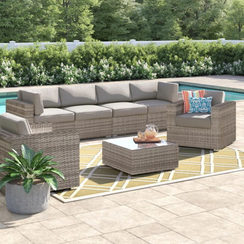 6 Seater Patio Wicker Sofa Set With Coffee Table - Gray Mix