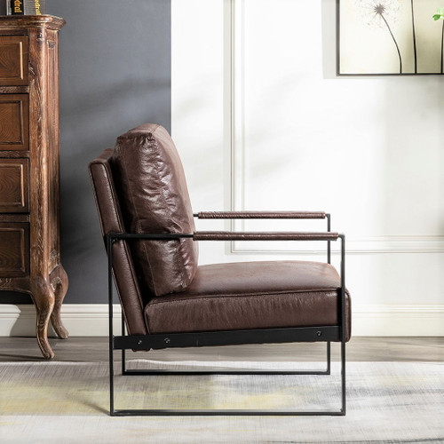 Classic Mid Century Modern Accent Chair With Durable Square Metal Frame, Armchair For Living Room, Bedroom, Home Office Spotted Microfiber Upholstery - Dark Brown