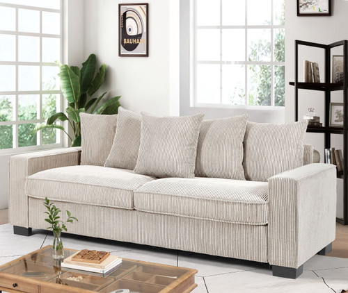 Luxe Corduroy Sofa With 5 Matching Toss Pillows, Sleek Design, Spacious And Comfortable 3 Seater Couch - Ivory