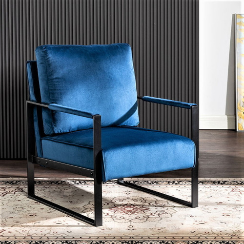 Classic Mid Century Modern Accent Chair With Durable Square Metal Frame, Armchair Upholstery - Blue