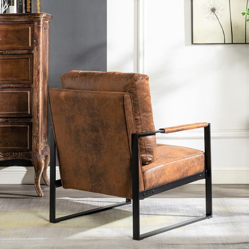 Classic Mid Century Modern Accent Chair With Durable Square Metal Frame, Armchair For Living Room, Bedroom, Home Office Spotted Microfiber Upholstery - Light Brown