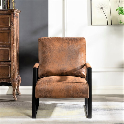Classic Mid Century Modern Accent Chair With Durable Square Metal Frame, Armchair For Living Room, Bedroom, Home Office Spotted Microfiber Upholstery - Light Brown