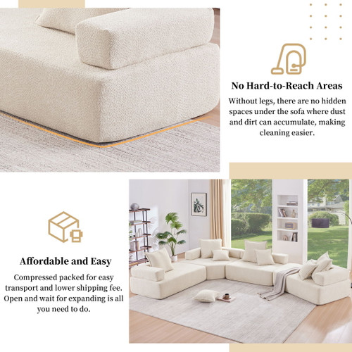 Loveseat Frame For Oversized Modular U Shaped Sectional Floor Couch Convertible Compressed Couch, Spacious Foam Filled Sofa - Beige