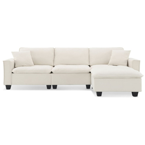 Modern Convertible Sectional L Shaped Reversible Couch Set With Free Pillows 4 Seat Suede Sleeper Sofa With Ottoman - Beige