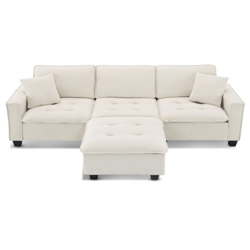 Modern Convertible Sectional L Shaped Reversible Couch Set With Free Pillows 4 Seat Suede Sleeper Sofa With Ottoman - Beige