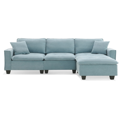 Modern Convertible Sectional L Shaped Reversible Couch Set With Free Pillows 4 Seat Suede Sleeper Sofa With Ottoman - Light Blue