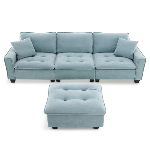 Modern Convertible Sectional L Shaped Reversible Couch Set With Free Pillows 4 Seat Suede Sleeper Sofa With Ottoman - Light Blue