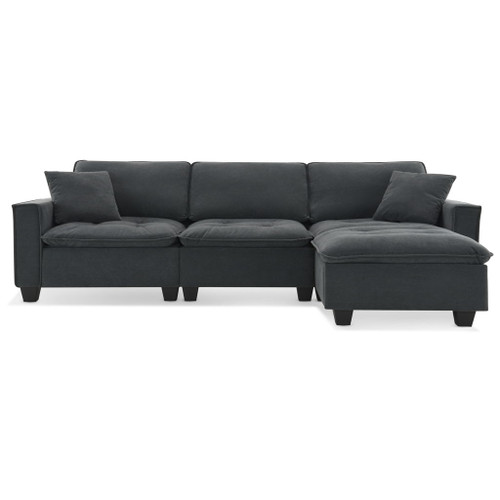 Modern Convertible Sectional L Shaped Reversible Couch Set With Free Pillows 4 Seat Suede Sleeper Sofa With Ottoman - Dark Gray
