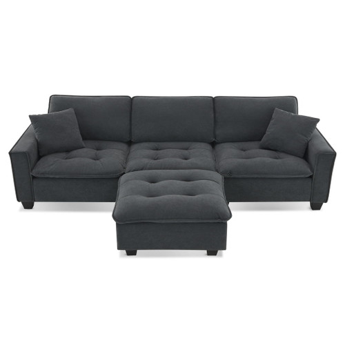 Modern Convertible Sectional L Shaped Reversible Couch Set With Free Pillows 4 Seat Suede Sleeper Sofa With Ottoman - Dark Gray