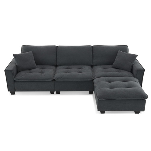 Modern Convertible Sectional L Shaped Reversible Couch Set With Free Pillows 4 Seat Suede Sleeper Sofa With Ottoman - Dark Gray