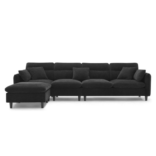 Modern Convertible Sectional Sofa L Shaped Reversible Couch Set With Free Pillows 5 Seat Cloud With Ottoman - Black