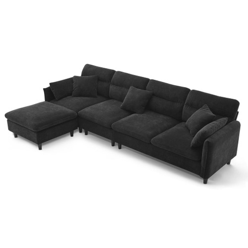 Modern Convertible Sectional Sofa L Shaped Reversible Couch Set With Free Pillows 5 Seat Cloud With Ottoman - Black