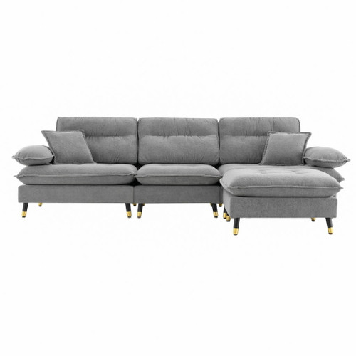 L Shaped Convertible Sectional Sofa 4 Seat Tufted Couch Set With Two Tone Adjust Legs Cloud Movable Ottoman - Gray