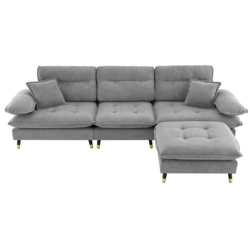 L Shaped Convertible Sectional Sofa 4 Seat Tufted Couch Set With Two Tone Adjust Legs Cloud Movable Ottoman - Gray