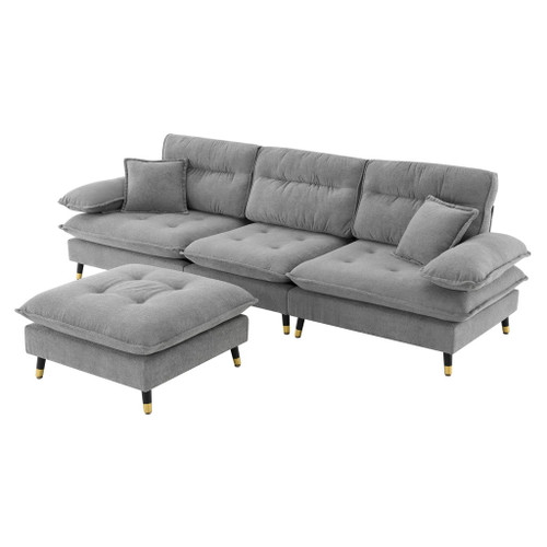 L Shaped Convertible Sectional Sofa 4 Seat Tufted Couch Set With Two Tone Adjust Legs Cloud Movable Ottoman - Gray