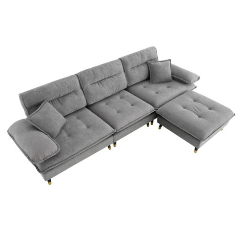 L Shaped Convertible Sectional Sofa 4 Seat Tufted Couch Set With Two Tone Adjust Legs Cloud Movable Ottoman - Gray