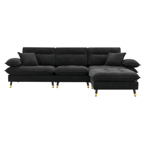 L Shaped Convertible Sectional Sofa 4 Seat Tufted Couch Set With Two Tone Adjust Legs Cloud Movable Ottoman - Black
