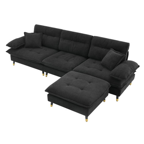 L Shaped Convertible Sectional Sofa 4 Seat Tufted Couch Set With Two Tone Adjust Legs Cloud Movable Ottoman - Black