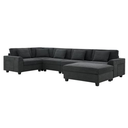 U Shaped Sectional Sofa 6 Seat Couch Set With Oversized Ottoman, Hidden Armrest Storage And Cup Holders USB Charging Ports Wide Seat Sofa - Black