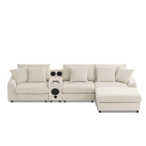 Sectional With Bluetooth Speakers L Shaped Couch With Console USB Charger, Cup Holders Storage Ottoman Deep And Wide Seat Cloud Sofa - Cream