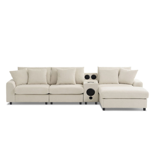 Sectional With Bluetooth Speakers L Shaped Couch With Console USB Charger, Cup Holders Storage Ottoman Deep And Wide Seat Cloud Sofa - Cream