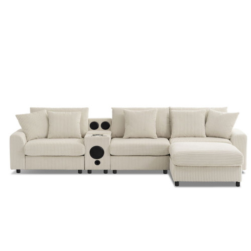 Sectional With Bluetooth Speakers L Shaped Couch With Console USB Charger, Cup Holders Storage Ottoman Deep And Wide Seat Cloud Sofa - Cream