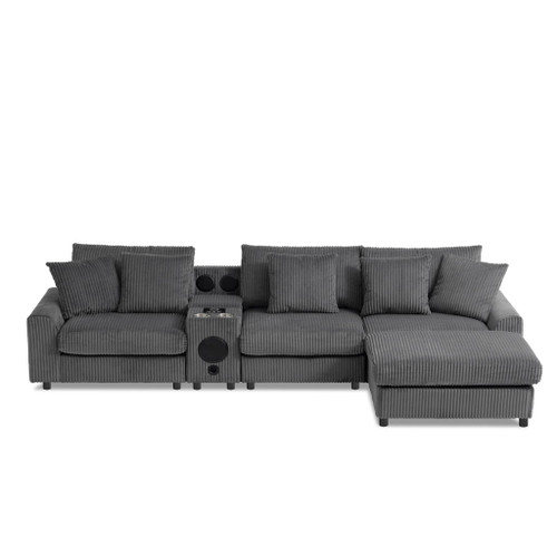 Sectional With Bluetooth Speakers L Shaped Couch With Console USB Charger, Cup Holders Storage Ottoman Deep And Wide Seat Cloud Sofa - Dark Gray