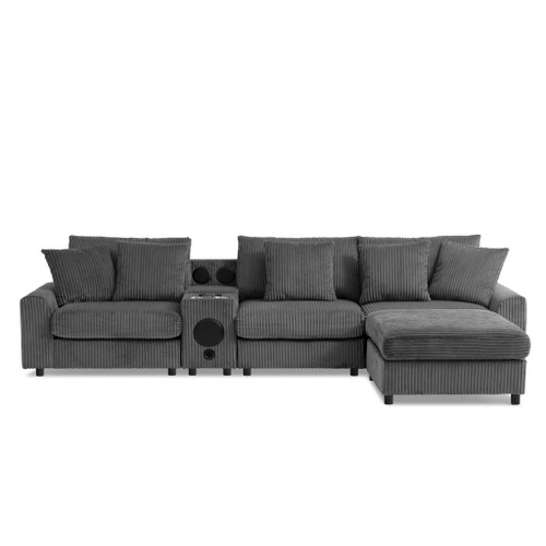 Sectional With Bluetooth Speakers L Shaped Couch With Console USB Charger, Cup Holders Storage Ottoman Deep And Wide Seat Cloud Sofa - Dark Gray