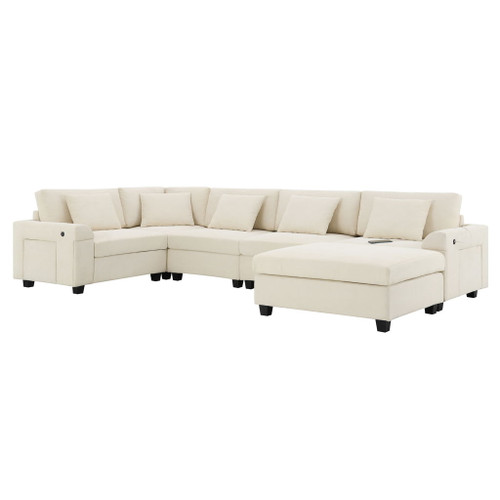 U Shaped Sectional Sofa 6 Seat Couch Set With Oversized Ottoman, Hidden Armrest Storage And Cup Holders USB Charging Ports Wide Seat Sofa - Off White