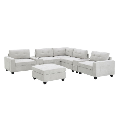 Sectional With Acrylic Table Top U Shaped Couch Set With 2 Consoles USB Charger, Storage Drawers And Pockets Movable Ottoman Tufted Sofa - Light Gray
