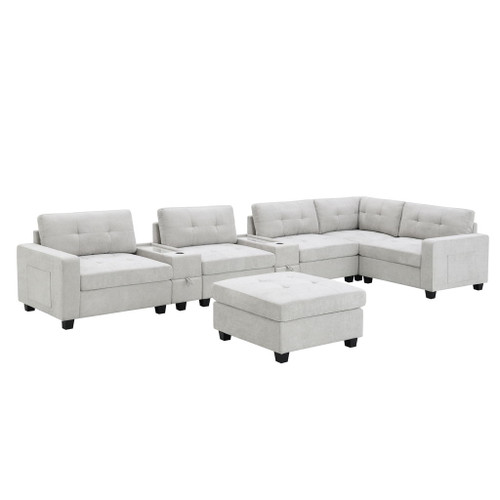 Sectional With Acrylic Table Top U Shaped Couch Set With 2 Consoles USB Charger, Storage Drawers And Pockets Movable Ottoman Tufted Sofa - Light Gray