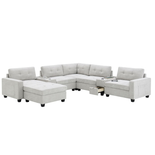 Sectional With Acrylic Table Top U Shaped Couch Set With 2 Consoles USB Charger, Storage Drawers And Pockets Movable Ottoman Tufted Sofa - Light Gray